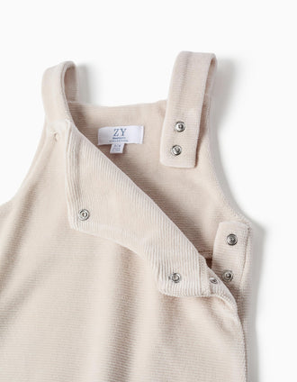 Cotton bodysuit + velvet dungarees set for newborns, white/beige