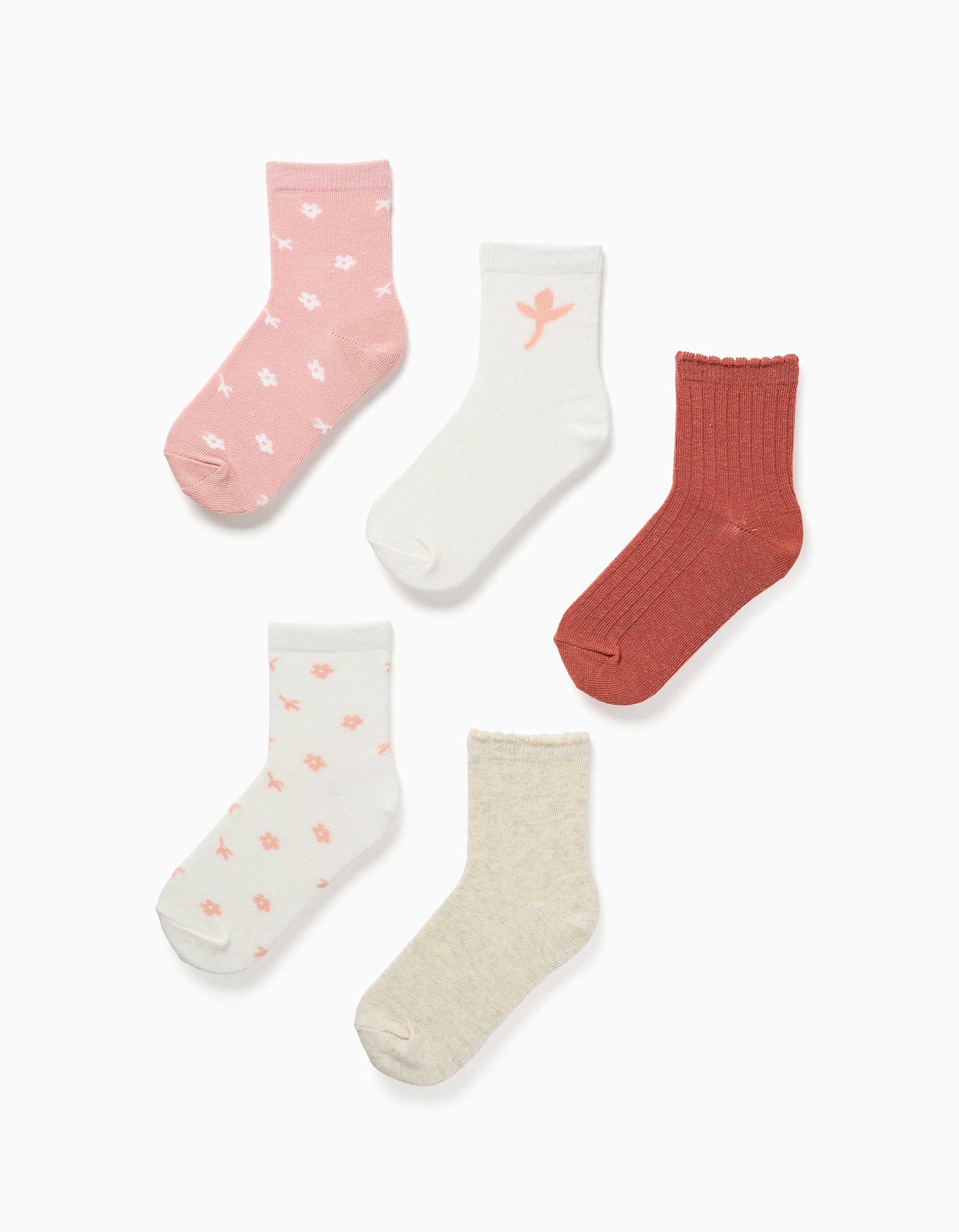 Lot de 5 chaussettes florales pour fille, blanc/rose/marron/beige