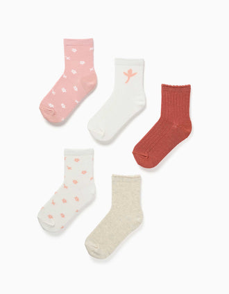 Lot de 5 chaussettes florales pour fille, blanc/rose/marron/beige