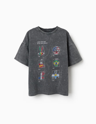 T-shirt de algodão com estampado Looney Tunes para criança, cinza-escuro