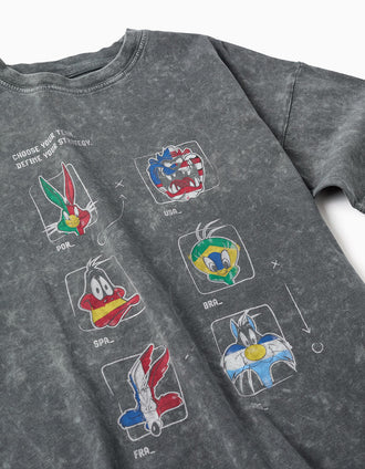 T-shirt de algodão com estampado Looney Tunes para criança, cinza-escuro
