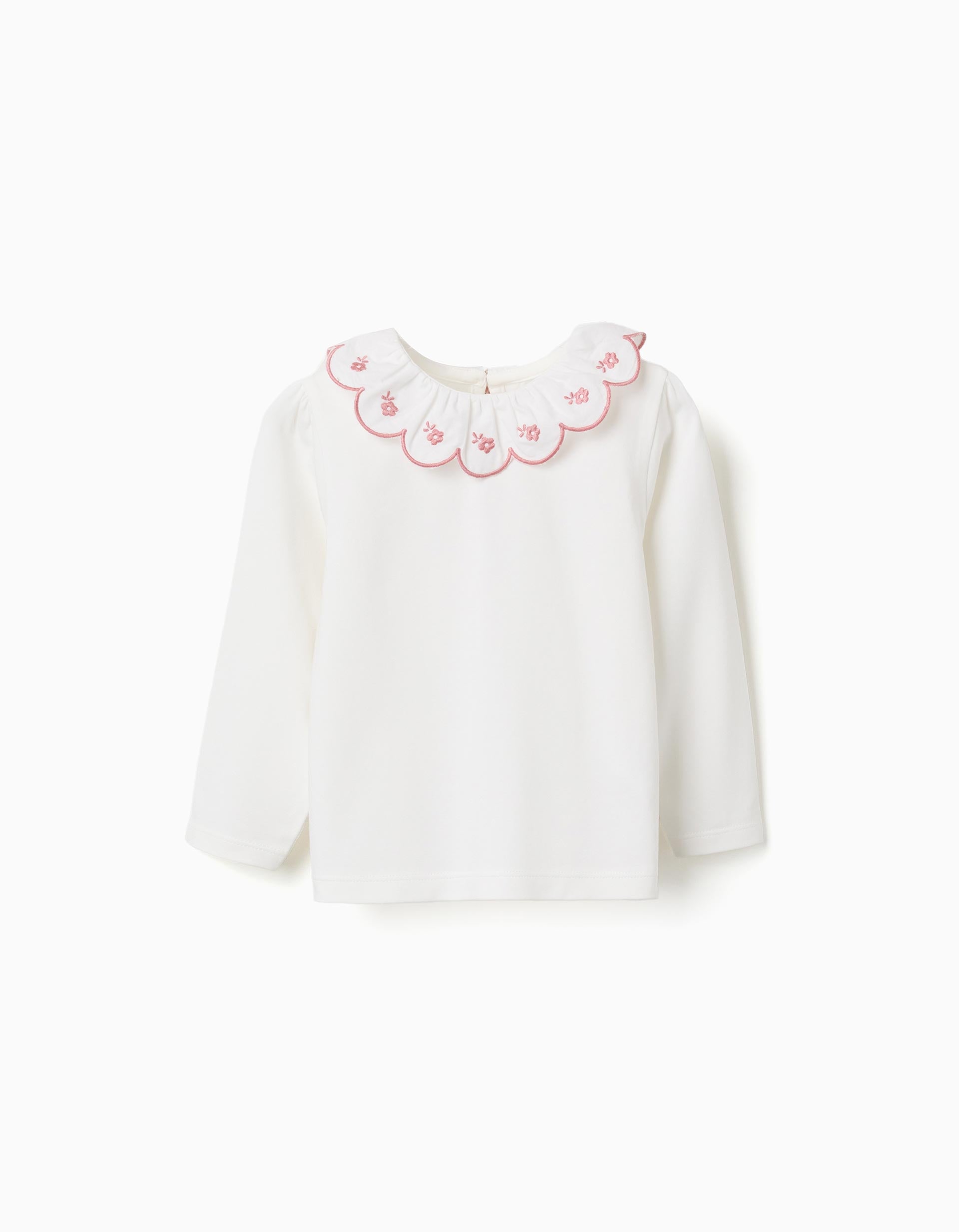 Long sleeve cotton T-shirt with scalloped collar for baby girls, white