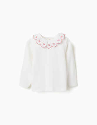Long sleeve cotton T-shirt with scalloped collar for baby girls, white