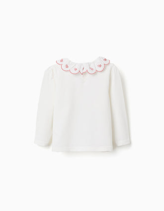 Long sleeve cotton T-shirt with scalloped collar for baby girls, white