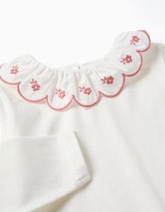 Long sleeve cotton T-shirt with scalloped collar for baby girls, white