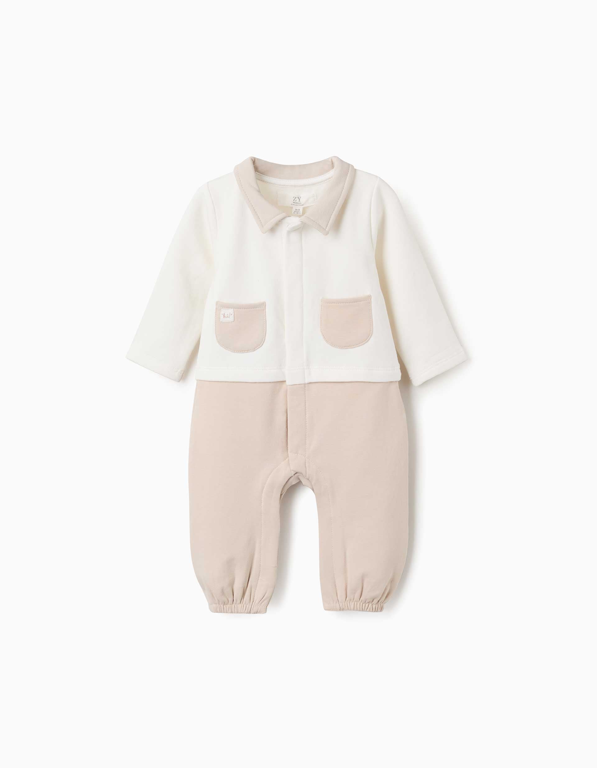 Footless sleepsuit with brushed interior for newborns, white/beige