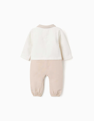 Footless sleepsuit with brushed interior for newborns, white/beige