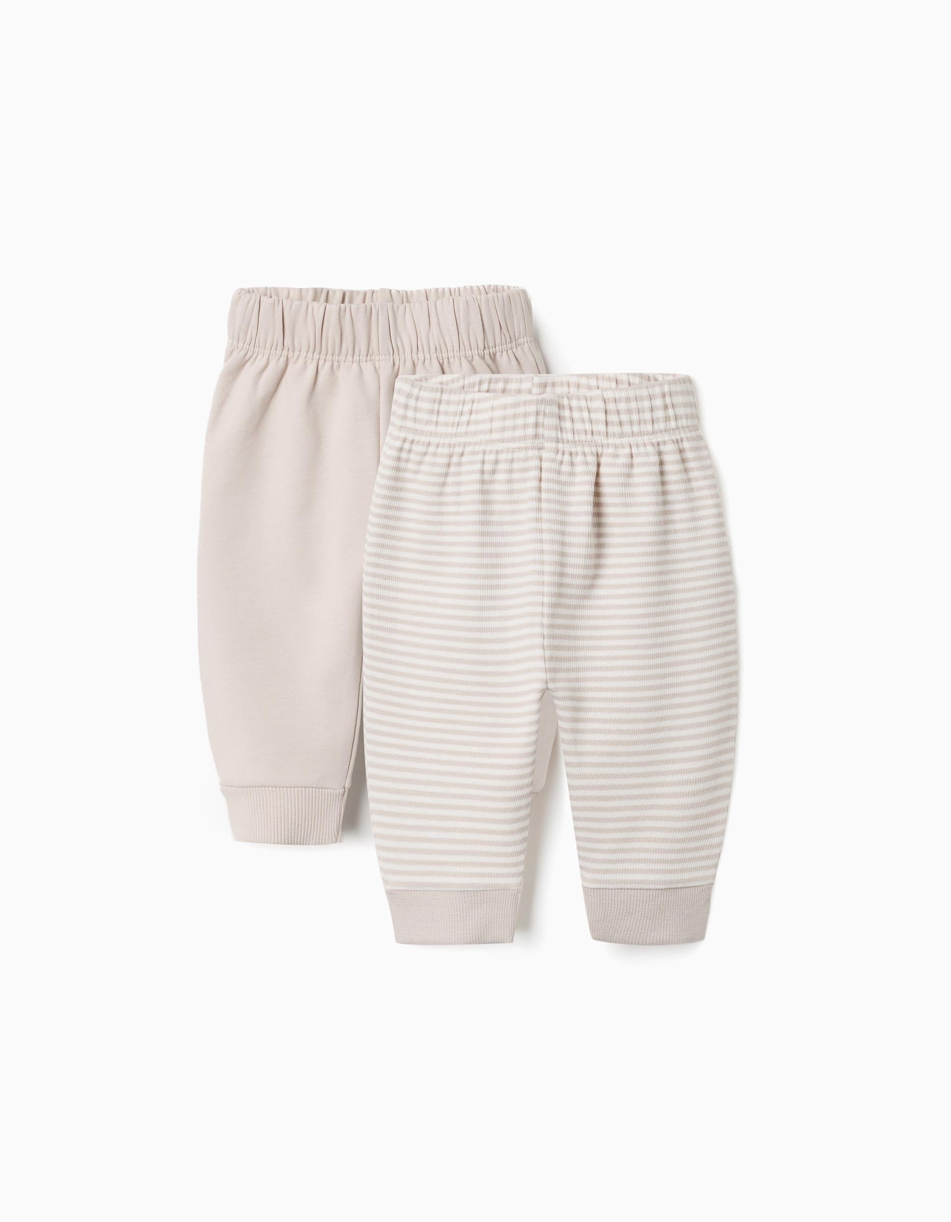 2 pantalones de algodón lisos/a rayas para recién nacidos, blanco/beige