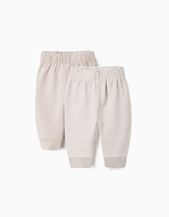 2 pantalones de algodón lisos/a rayas para recién nacidos, blanco/beige