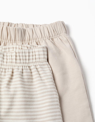 2 pantalones de algodón lisos/a rayas para recién nacidos, blanco/beige
