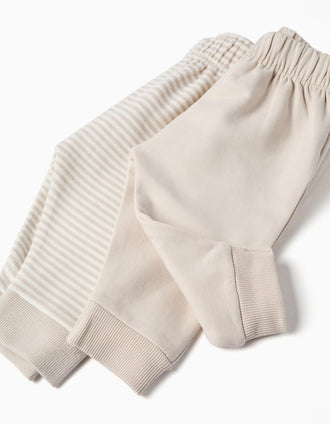 2 pantalones de algodón lisos/a rayas para recién nacidos, blanco/beige