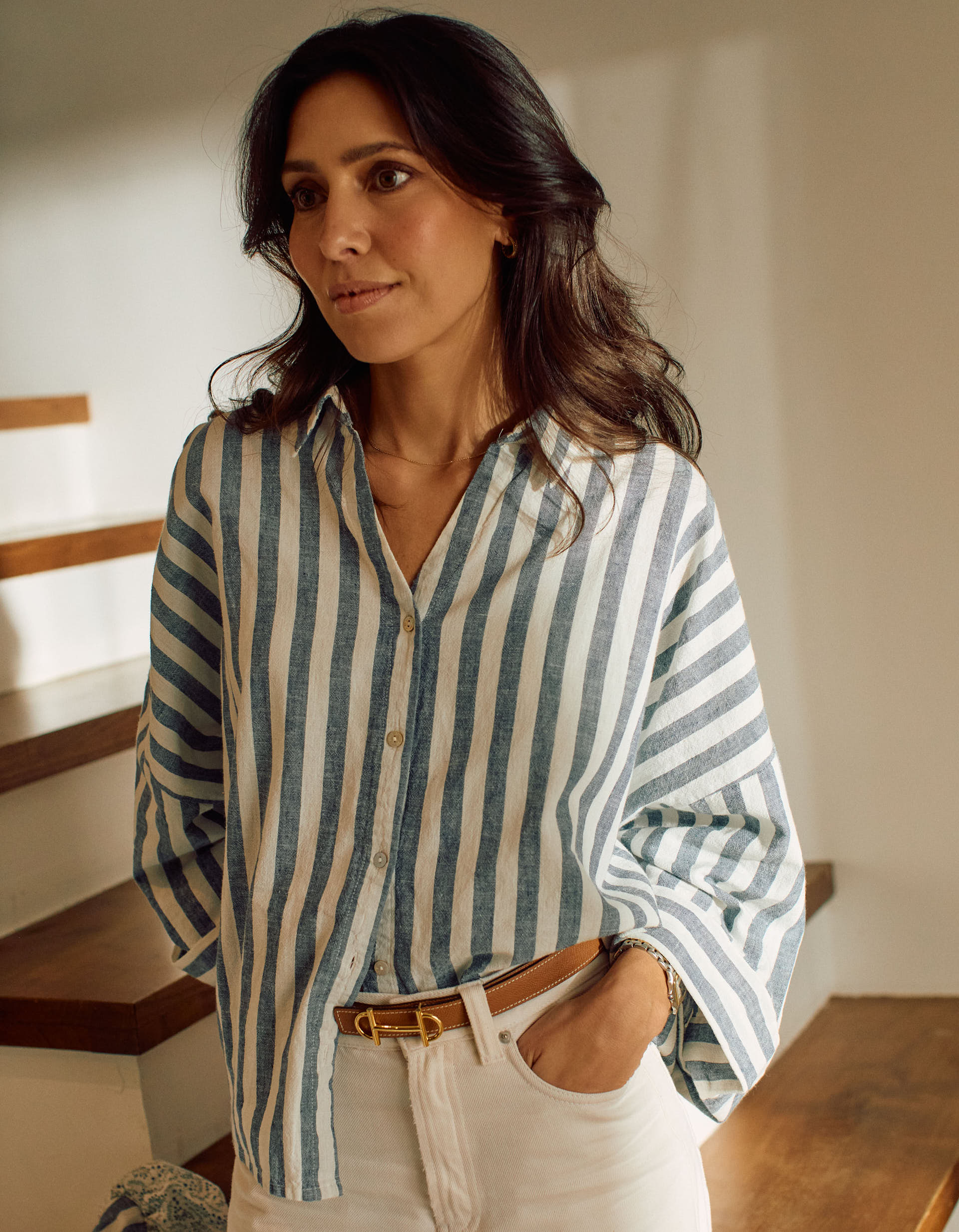 Camisa oversized de linho às riscas You&Me para mulher, branco/azul
