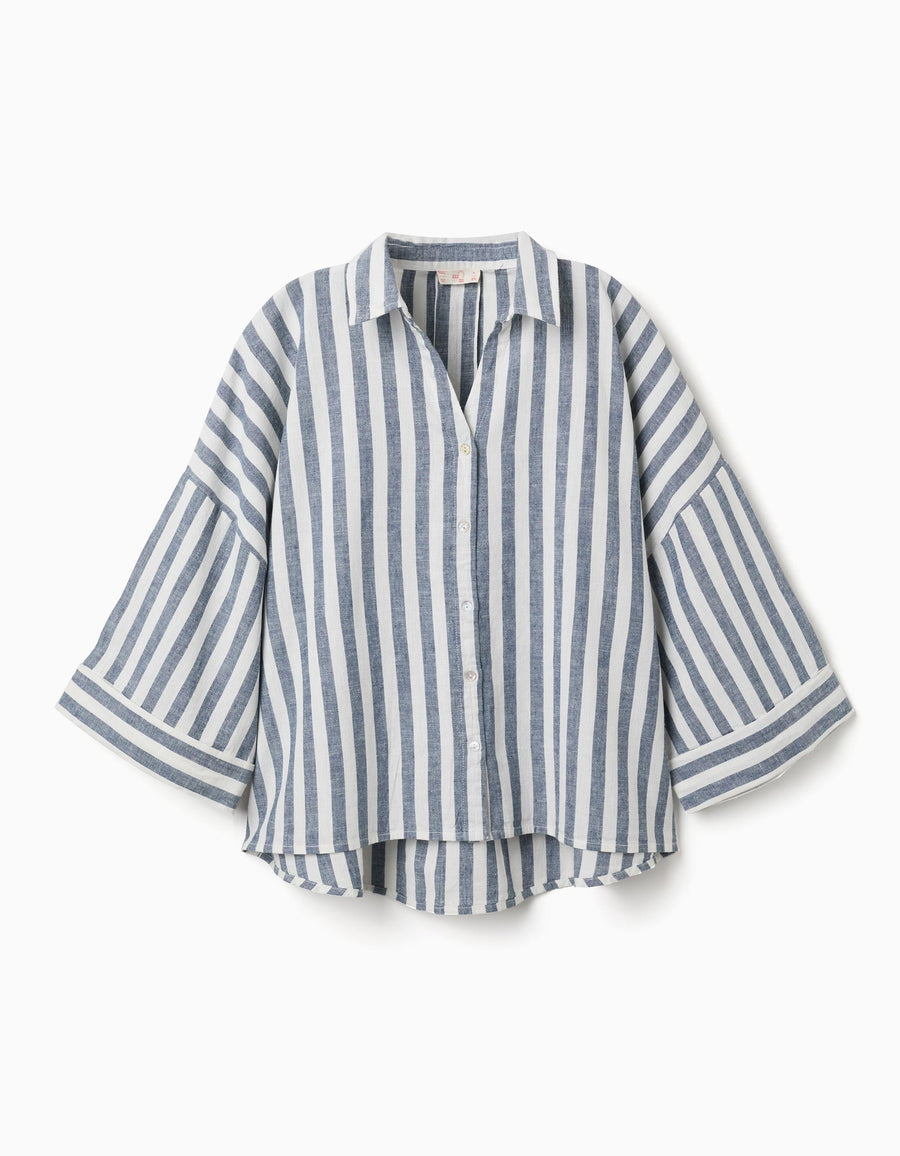 Striped oversized shirt in linen You&Me for women, white/blue