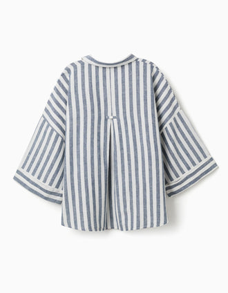 Striped oversized shirt in linen You&Me for women, white/blue