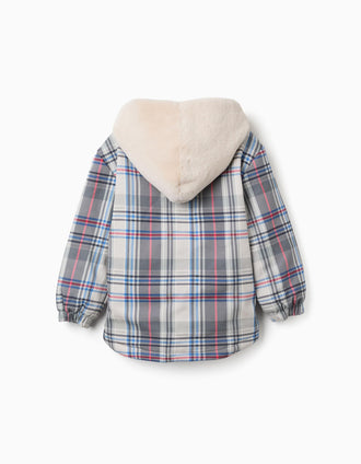 Casaco xadrez com capuz e forro em pelo para menina, multicolor