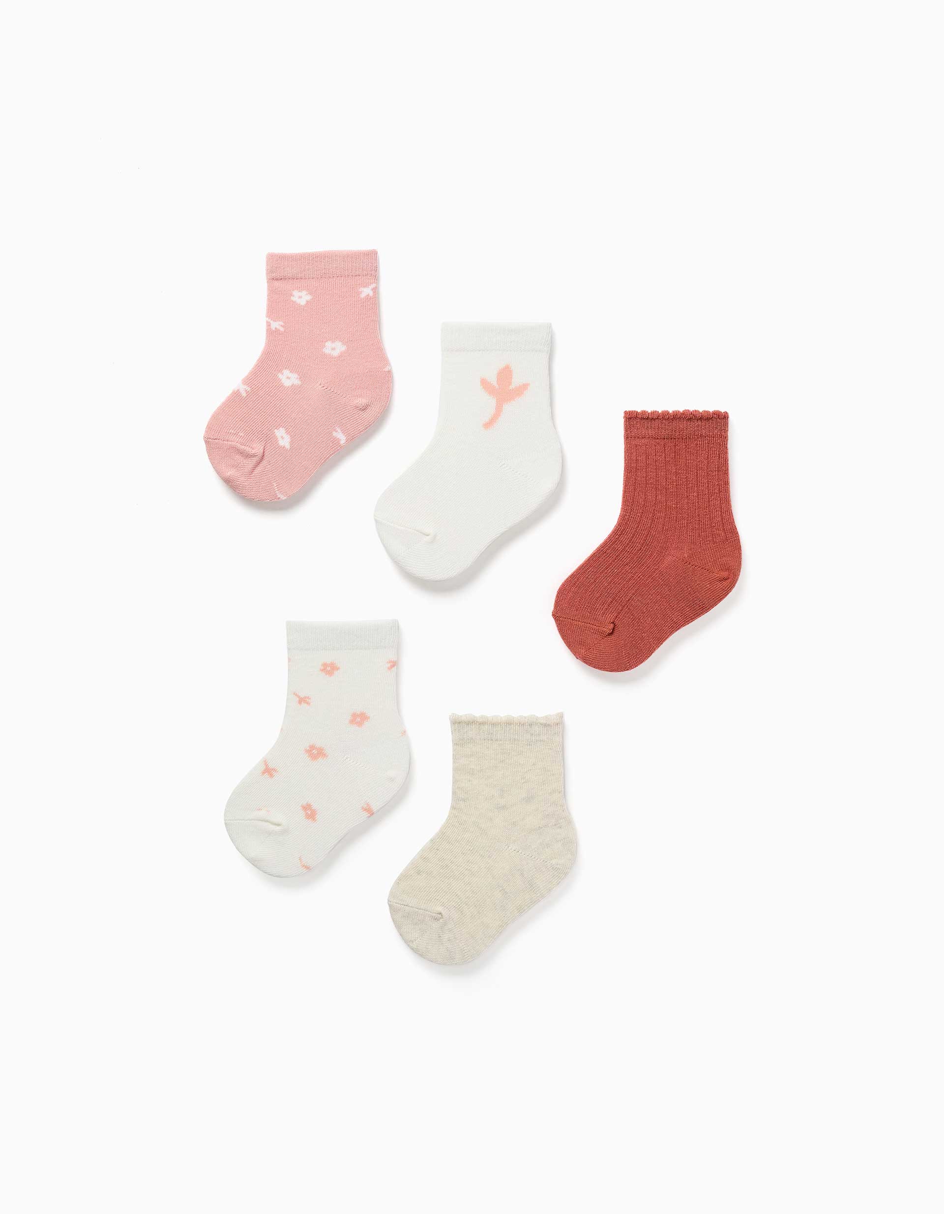 Pack of 5 socks with floral prints for baby girls, white/pink/brown/beige