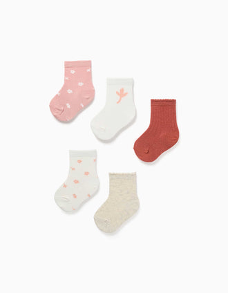 Pack of 5 socks with floral prints for baby girls, white/pink/brown/beige