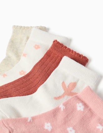 Pack of 5 socks with floral prints for baby girls, white/pink/brown/beige