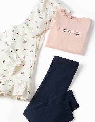Conjunto de 3 peças de algodão para bebé menina, branco/rosa/azul