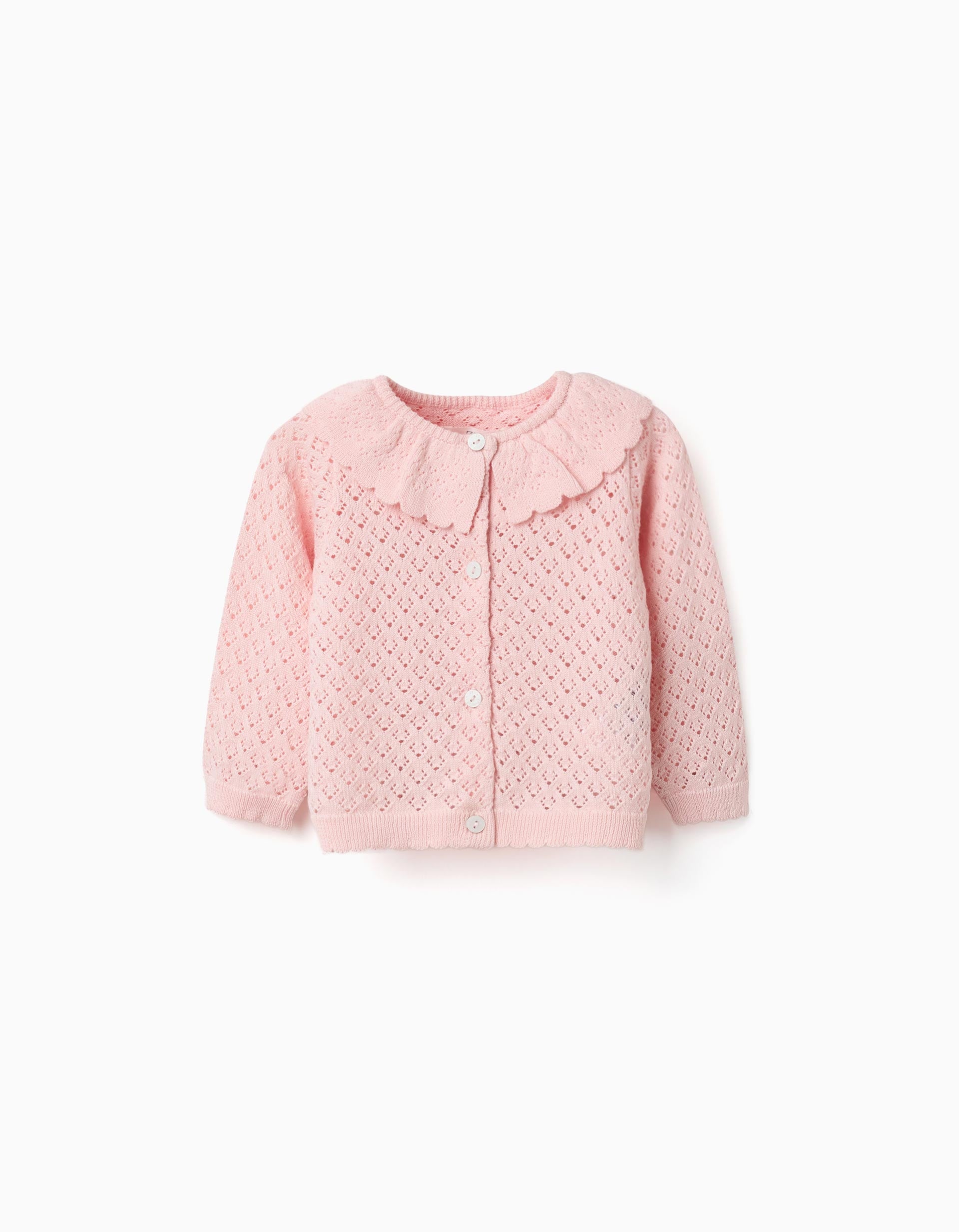 Gilet en maille ajourée avec bords festonnés pour nouveau-née, rose