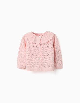 Gilet en maille ajourée avec bords festonnés pour nouveau-née, rose