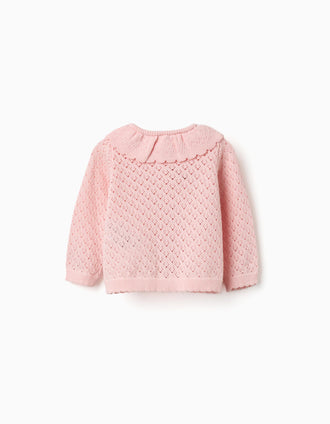 Gilet en maille ajourée avec bords festonnés pour nouveau-née, rose