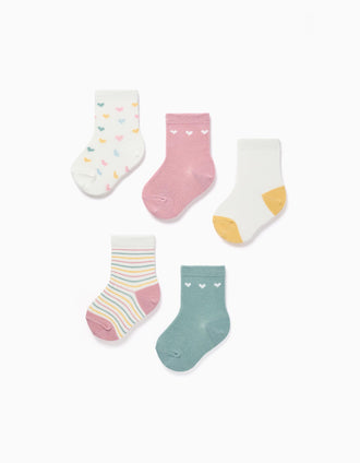 5 pairs of socks with stripes/hearts for baby girls, multicolour