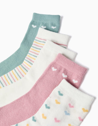 Lot de 5 paires de chaussettes à rayures/cœurs pour fille, multicolore