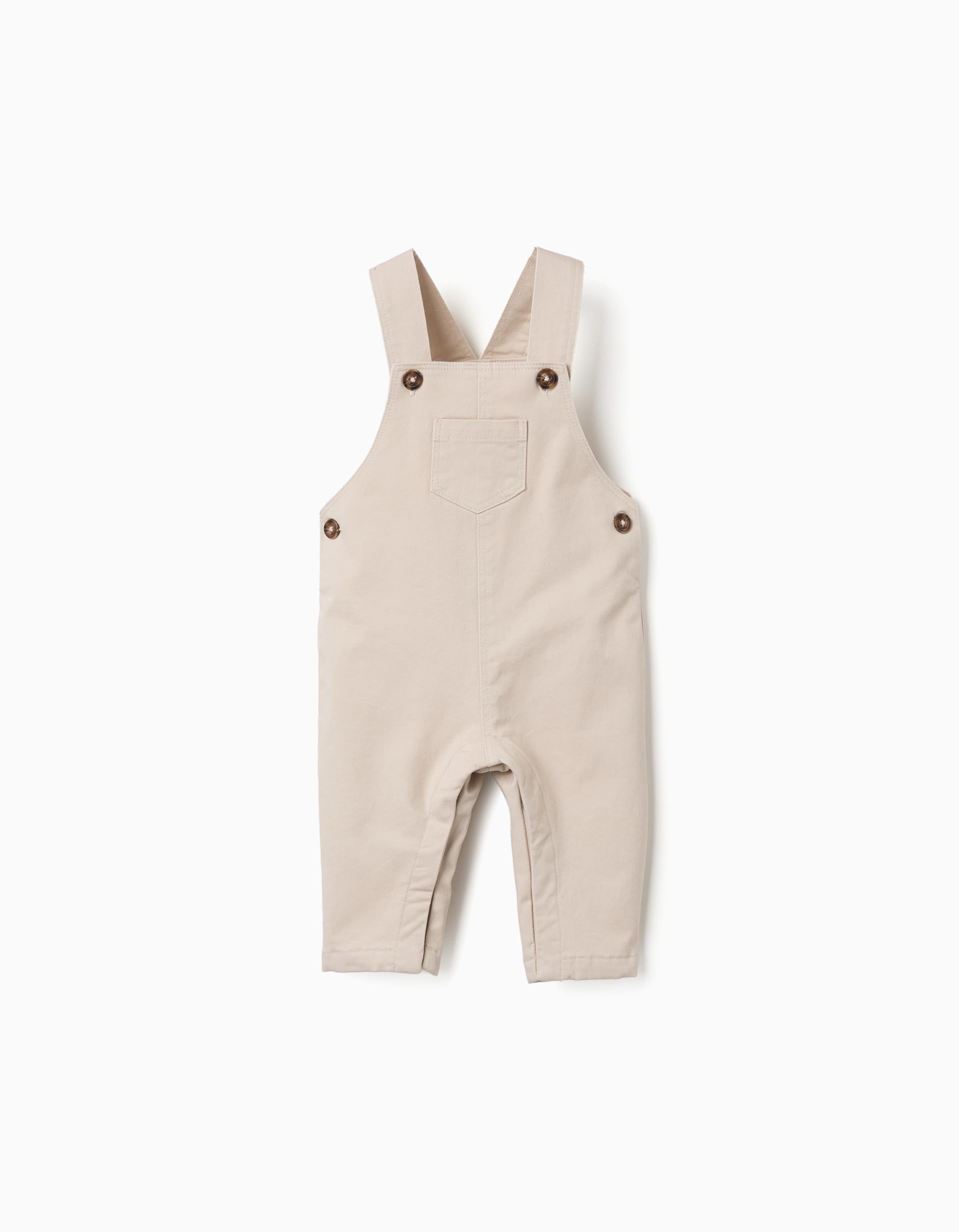 Twill dungarees with front pocket for newborn boys, light beige