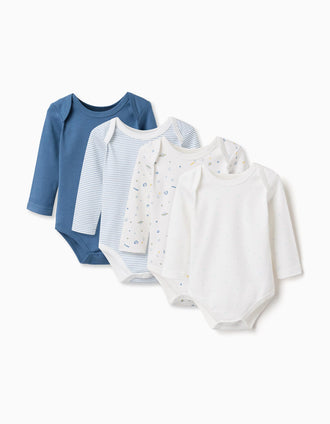 4 plain/printed cotton bodysuits for newborn and baby boys, blue/white