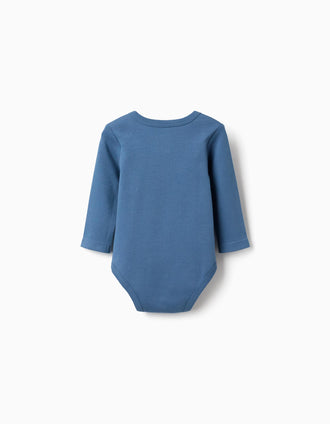 4 plain/printed cotton bodysuits for newborn and baby boys, blue/white