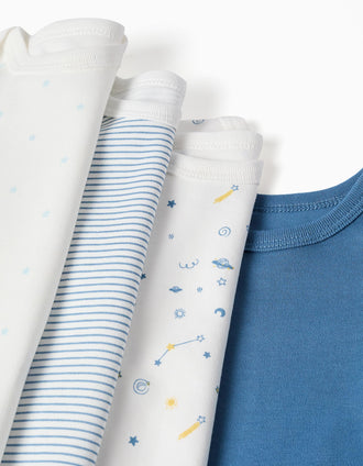 4 plain/printed cotton bodysuits for newborn and baby boys, blue/white