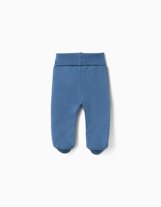 4 plain/printed cotton footed trousers for newborn boys, blue/white