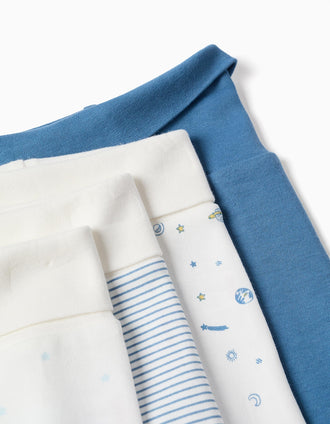 4 plain/printed cotton footed trousers for newborn boys, blue/white