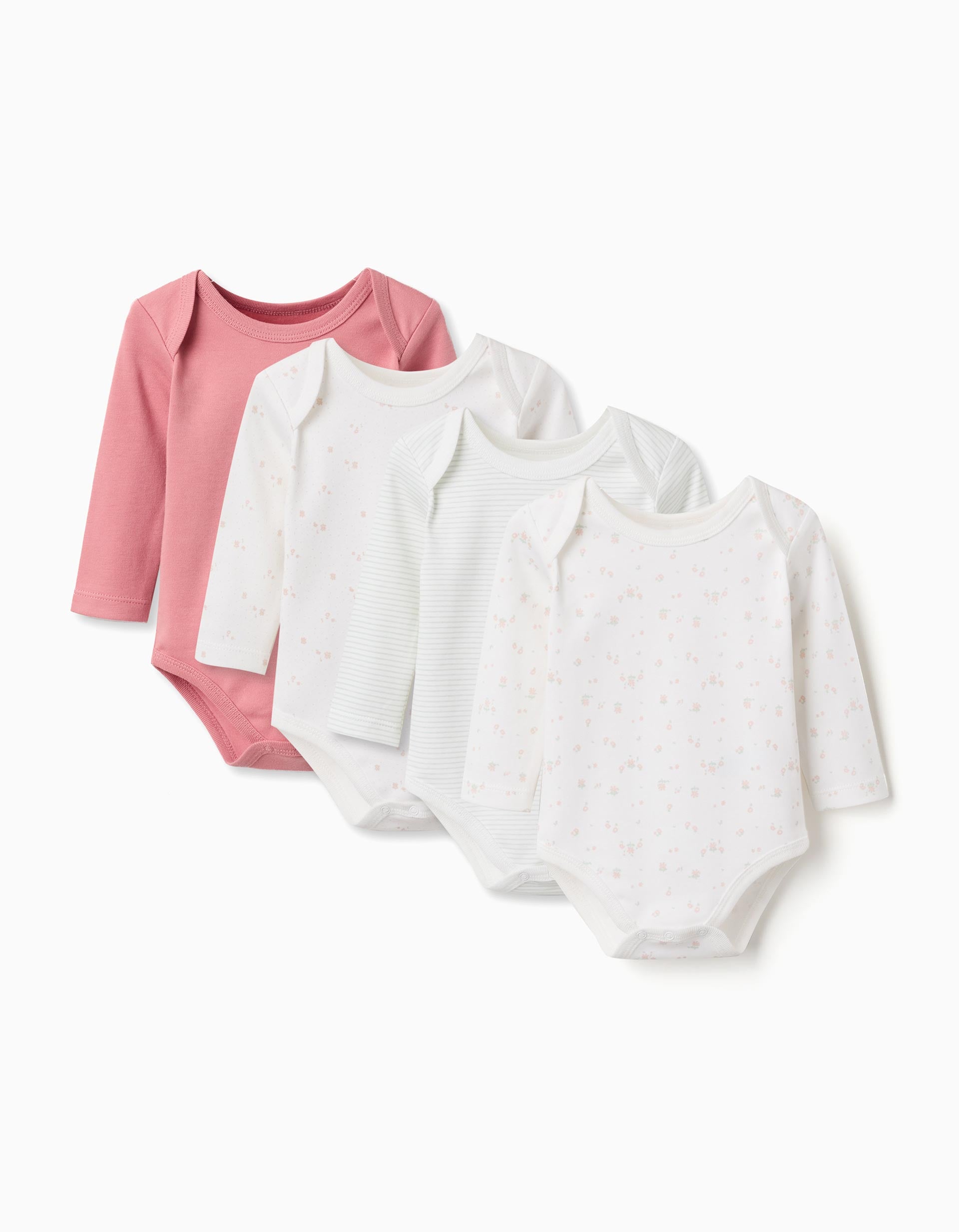 4 plain/printed cotton bodysuits for newborn and baby girls, pink/white