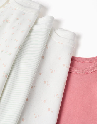4 plain/printed cotton bodysuits for newborn and baby girls, pink/white