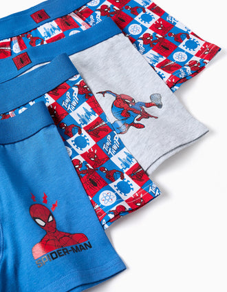 Pack of 4 cotton boxer shorts with Spider-Man prints for boys, blue/grey