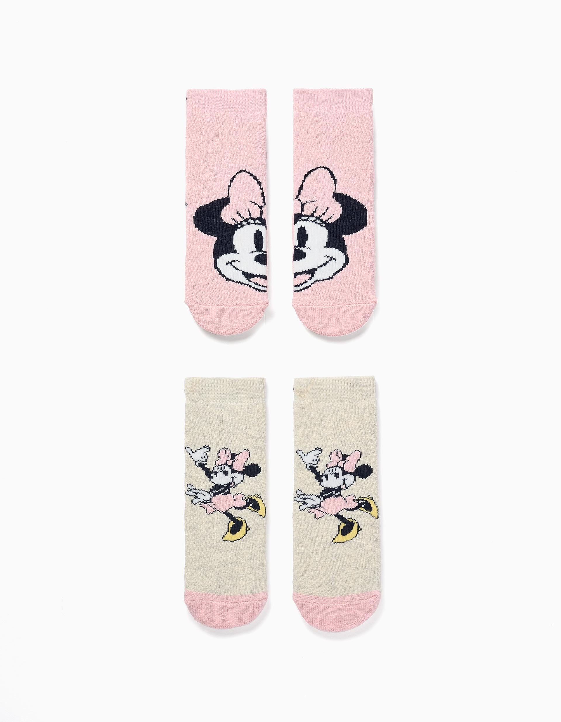 2 chaussettes antidérapantes à imprimés Minnie pour bébé fille, rose/gris
