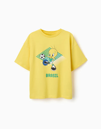 T-shirt de algodão com estampado do Tweety para criança, amarelo