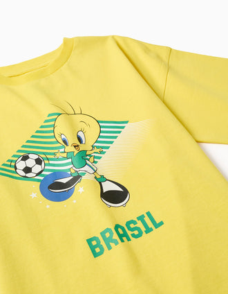 T-shirt de algodão com estampado do Tweety para criança, amarelo