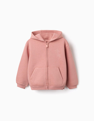 Brushed hooded jacket with floral prints for girls, dusty pink