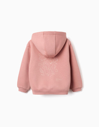 Brushed hooded jacket with floral prints for girls, dusty pink
