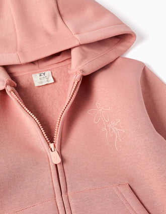 Brushed hooded jacket with floral prints for girls, dusty pink