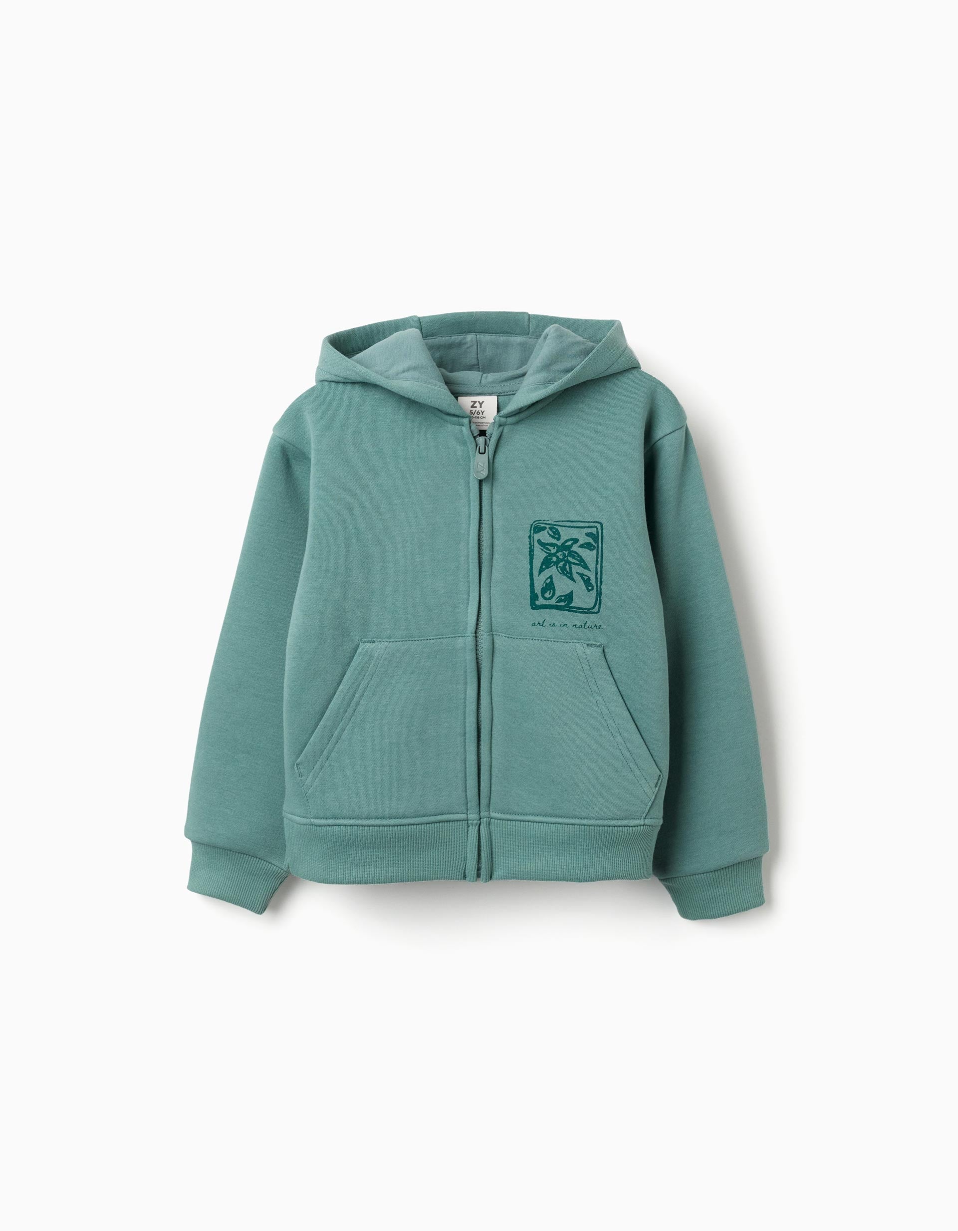Chaqueta perchada con capucha y flores para niña, azul verdoso