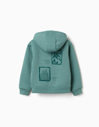 Chaqueta perchada con capucha y flores para niña, azul verdoso