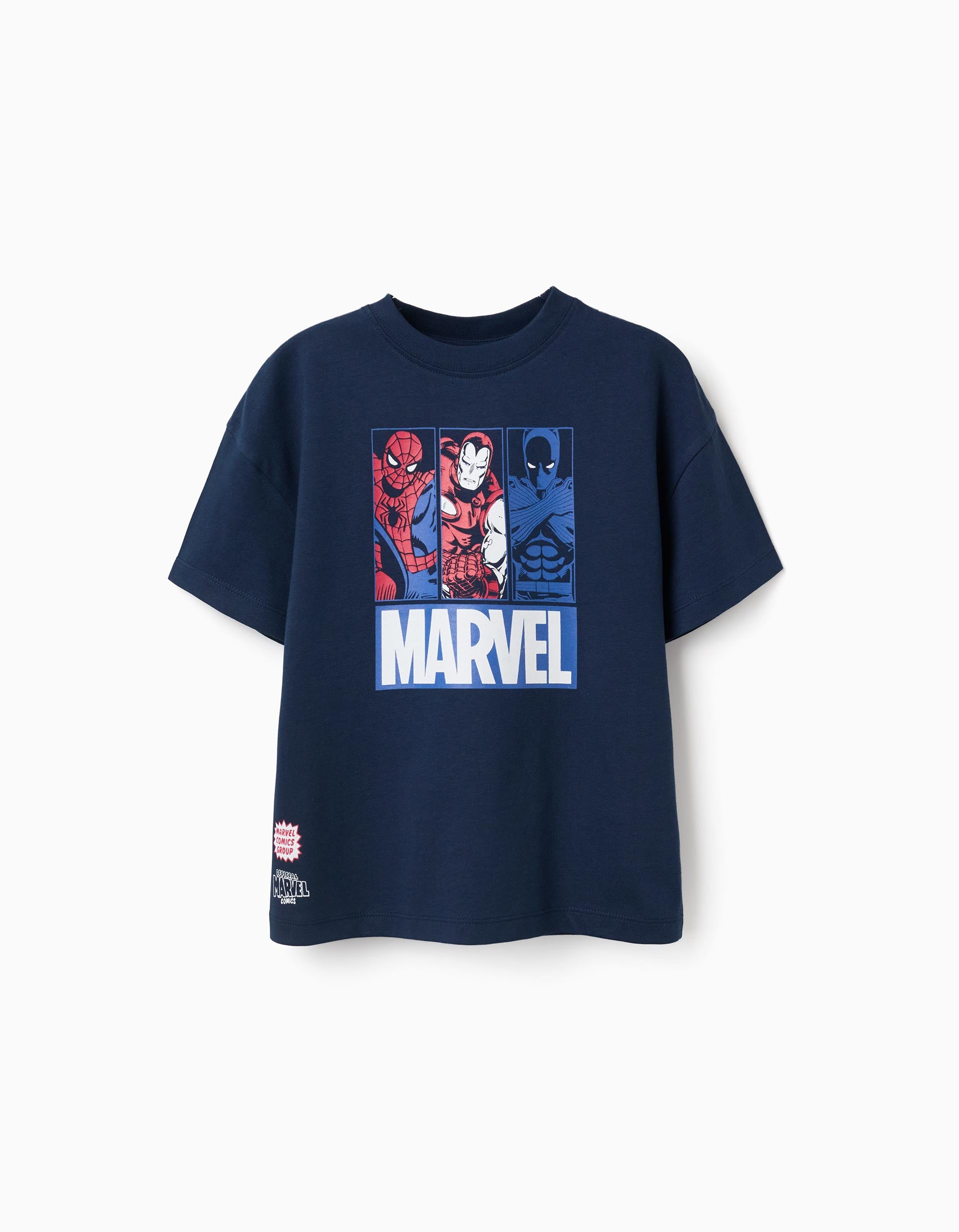 Cotton T-shirt with Marvel prints for boys, navy blue
