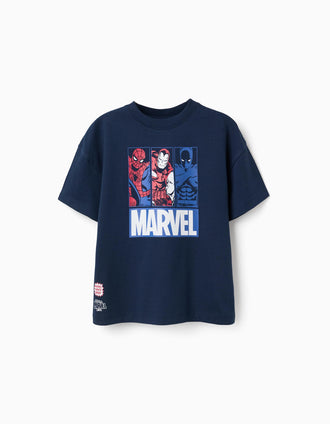 Cotton T-shirt with Marvel prints for boys, navy blue