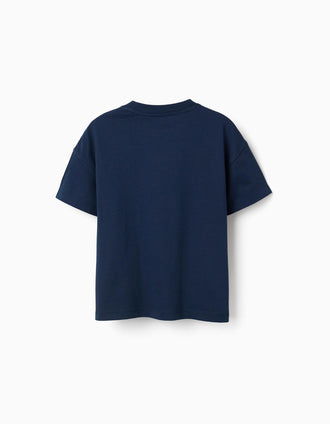 Cotton T-shirt with Marvel prints for boys, navy blue
