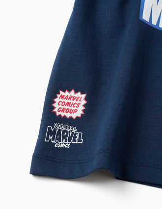 Cotton T-shirt with Marvel prints for boys, navy blue