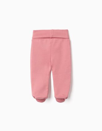 4 plain/printed cotton footed trousers for newborn girls, pink/white